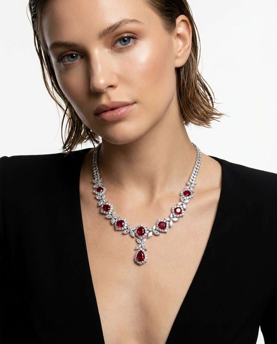 Siyah kıyafetli modelin boynunda yakut kolye